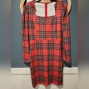 Red Plaid Square-Neck Long Sleeve Dress